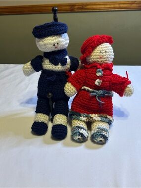 Vintage hand Crafted / crochet  navy and Red Crochet Doll Pair -
